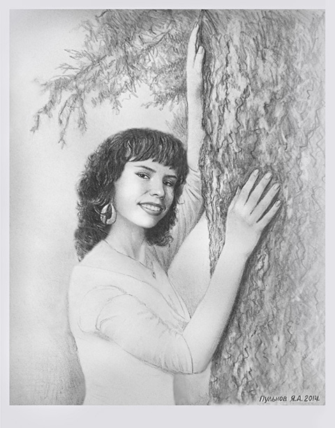Портрет девушки у дерева. Бумага, карандаш.